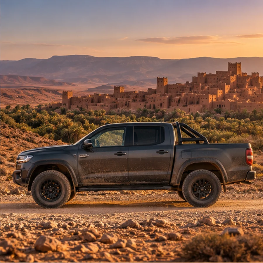 4×4 pickup vehicle beside southern Morocco kasbah landscape, illustrative image